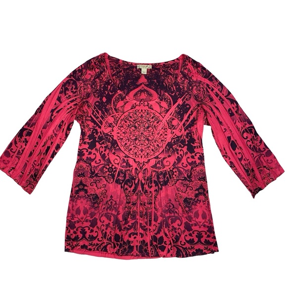 Energe Y2K Embellished Abstract Print Long Sleeve Top Large Soft 2000s Red Artsy - Picture 1 of 12